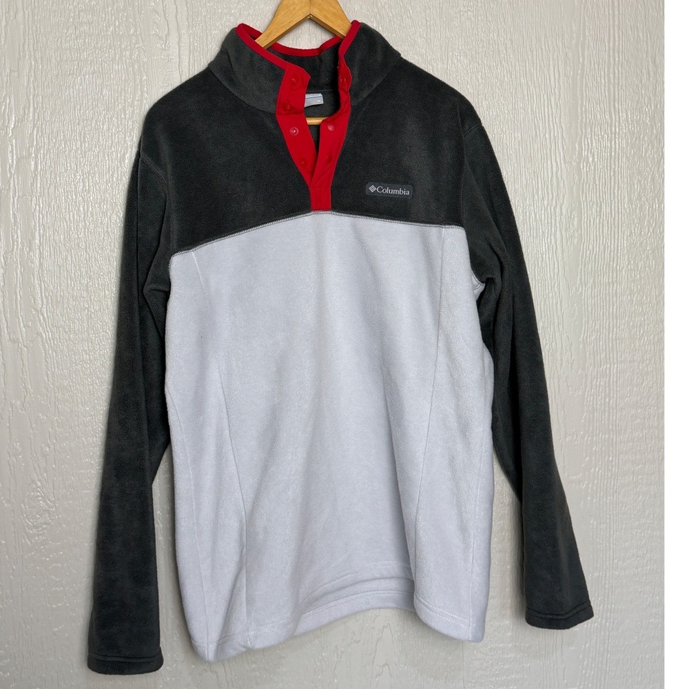 Columbia Mens Fleece Pullover Snap Mock Neck Colorblock Grey White Red  M EUC